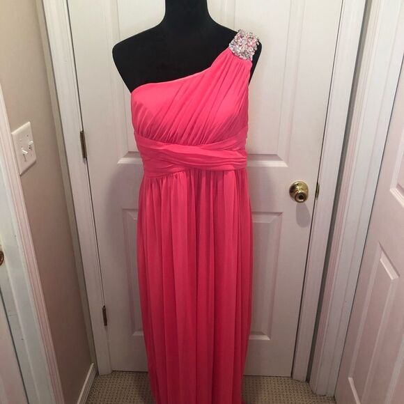 Deb pink maxi length formal prom dress with jeweled strap, size 14 - Picture 3 of 13